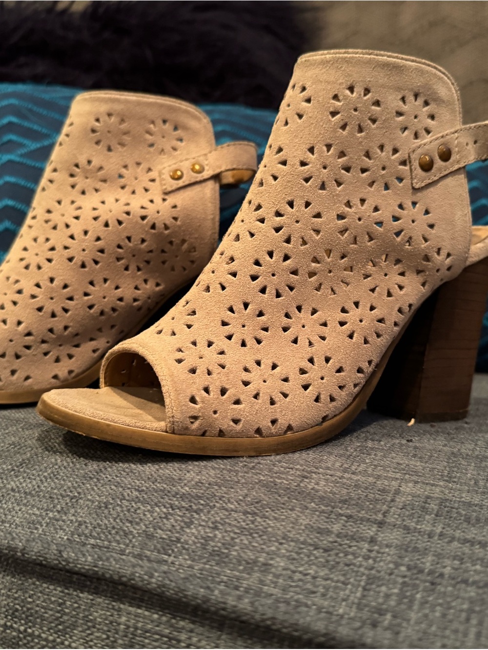 Diba Taupe Laser-Cut Open-Toe Block Heel Booties
